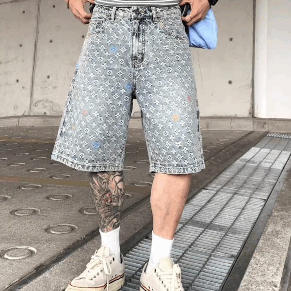 巴黎風潮牌水洗提花牛仔短褲夏季薄款痞帥設計感褲男士寬鬆美式