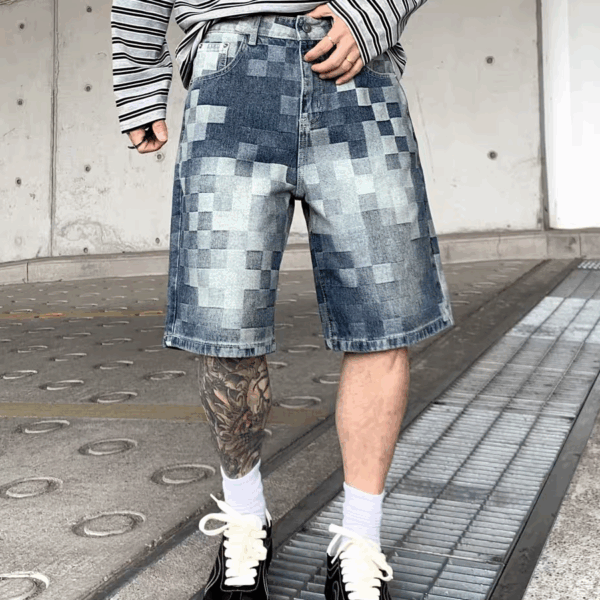 巴黎風潮牌馬賽克格紋牛仔短褲男寬鬆大尺碼五分褲洗舊感中褲男