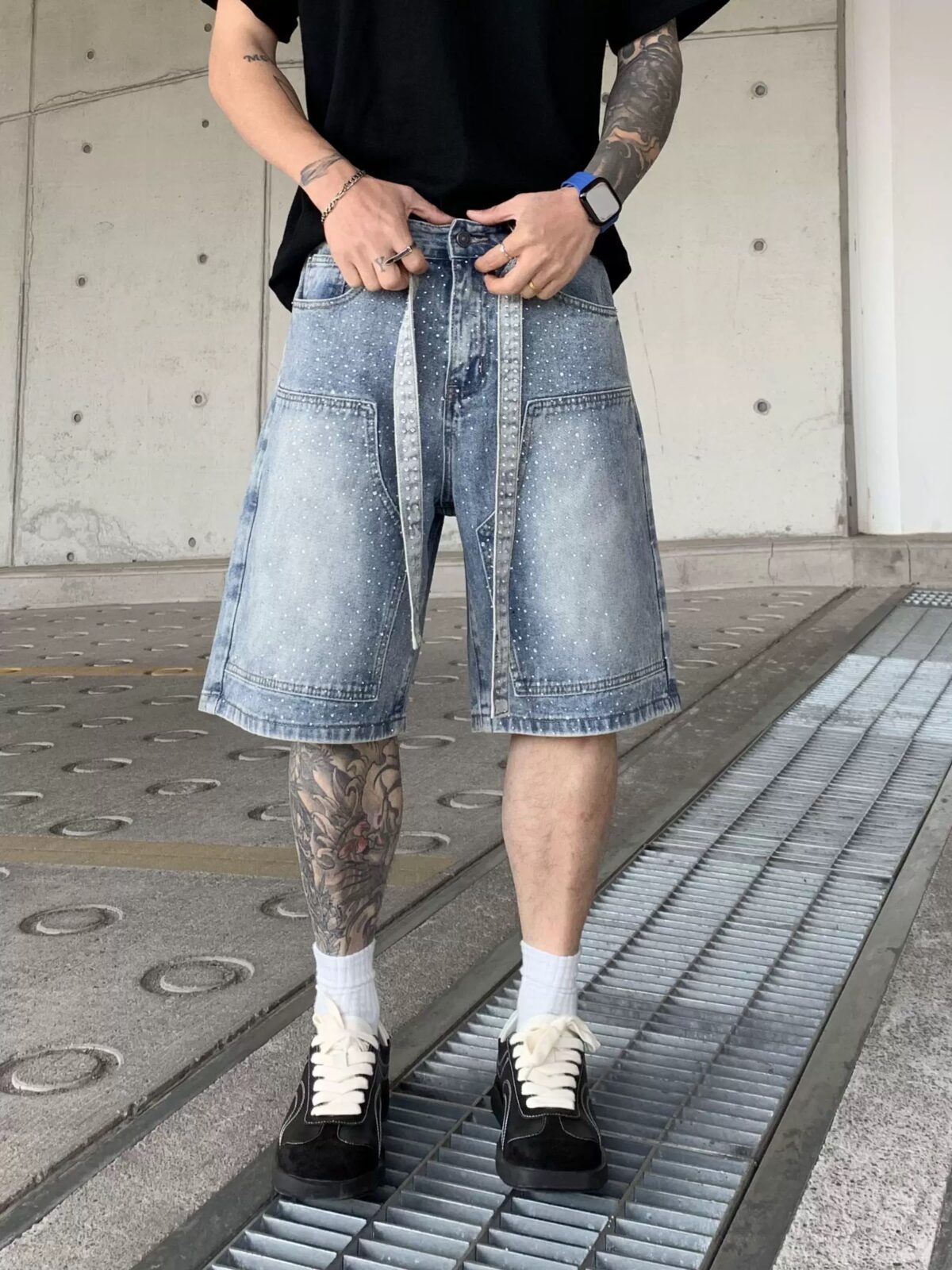 巴黎風潮流寬鬆個性六分直筒褲高端品質牛仔短褲男潮流潮流設計感