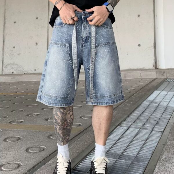 巴黎風潮流寬鬆個性六分直筒褲高端品質牛仔短褲男潮流潮流設計感