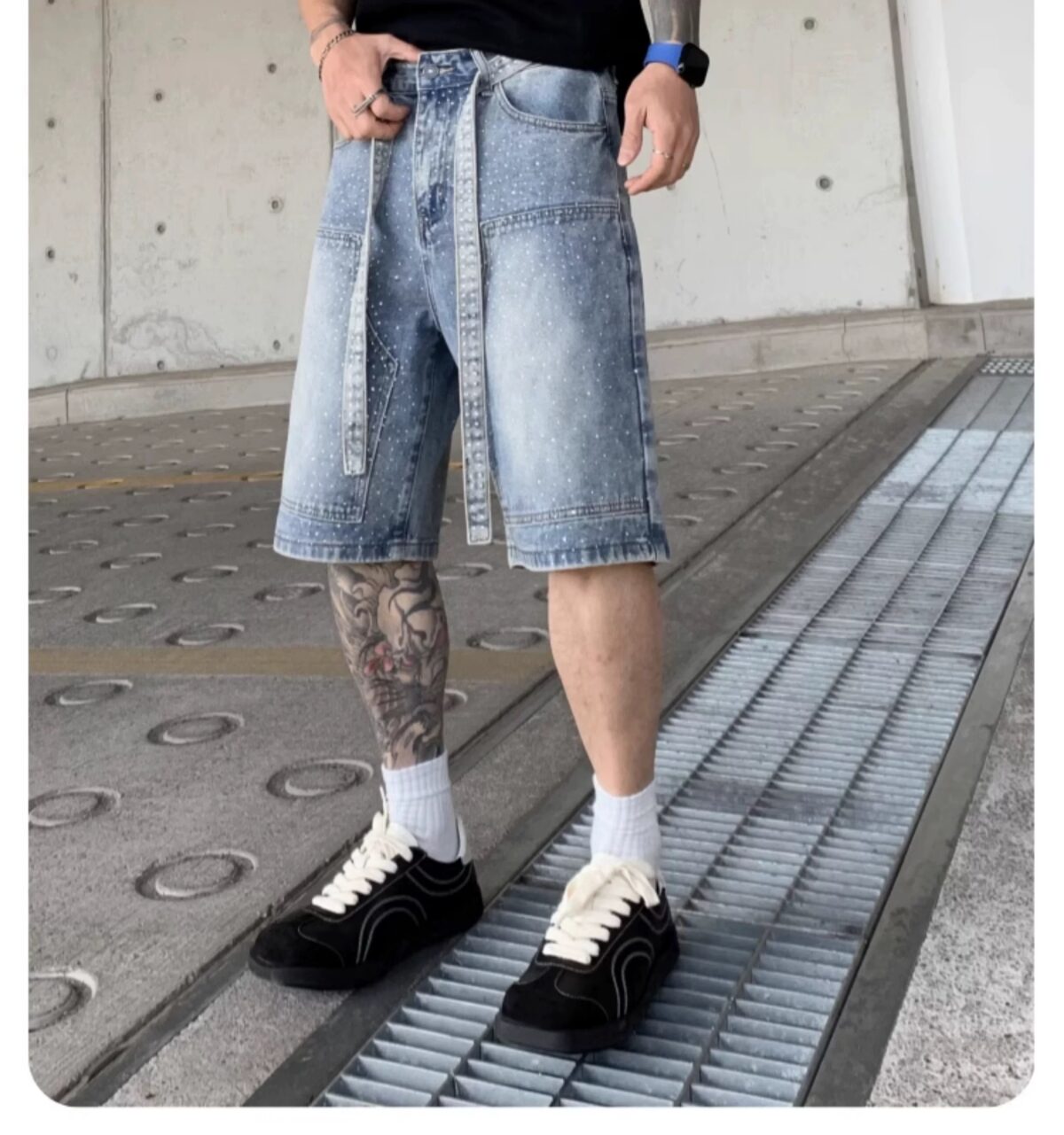 巴黎風潮流寬鬆個性六分直筒褲高端品質牛仔短褲男潮流潮流設計感：圖片 3