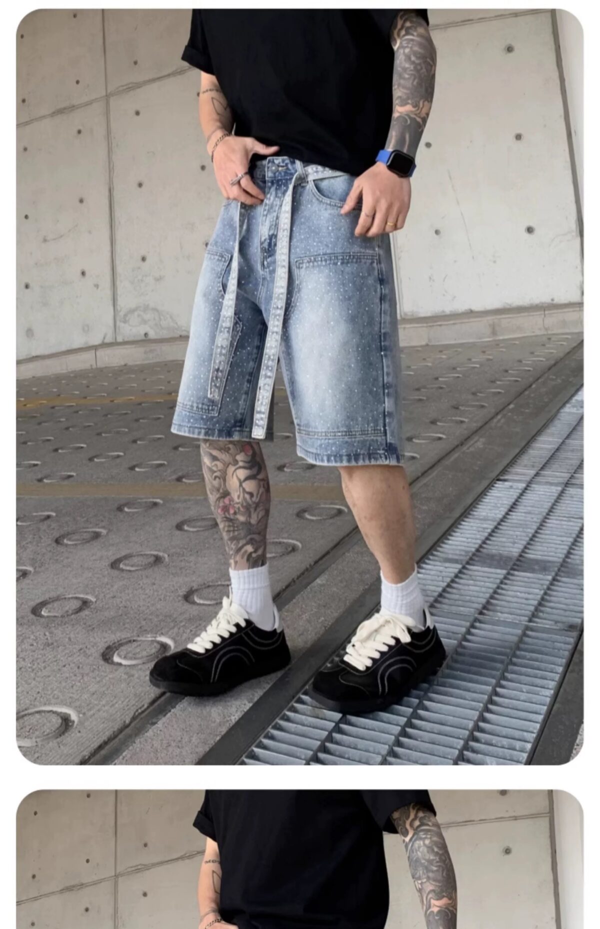 巴黎風潮流寬鬆個性六分直筒褲高端品質牛仔短褲男潮流潮流設計感：圖片 4