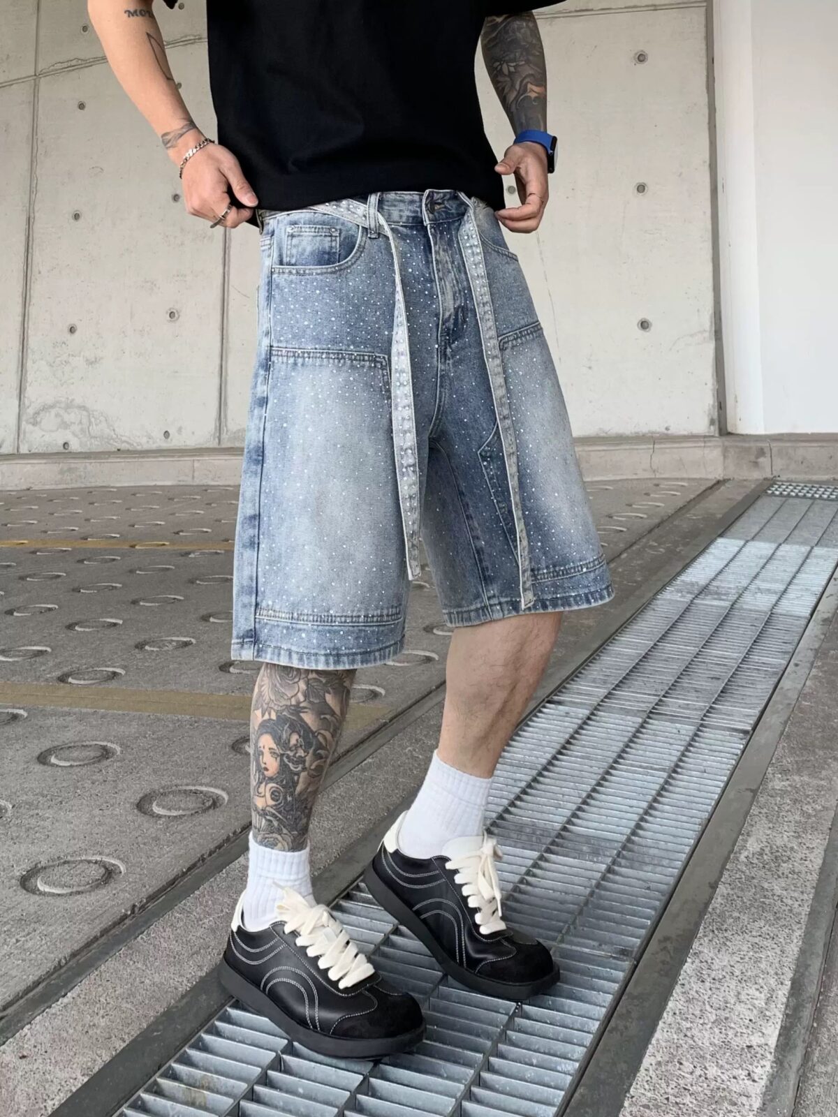 巴黎風潮流寬鬆個性六分直筒褲高端品質牛仔短褲男潮流潮流設計感：圖片 10