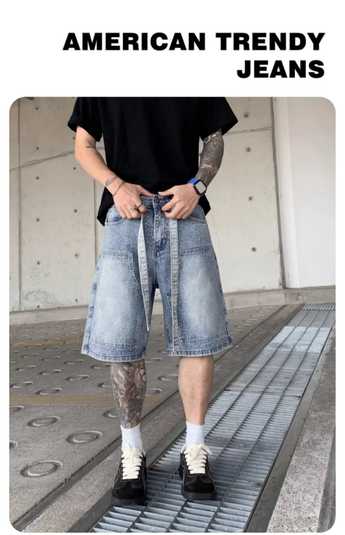巴黎風潮流寬鬆個性六分直筒褲高端品質牛仔短褲男潮流潮流設計感：圖片 13