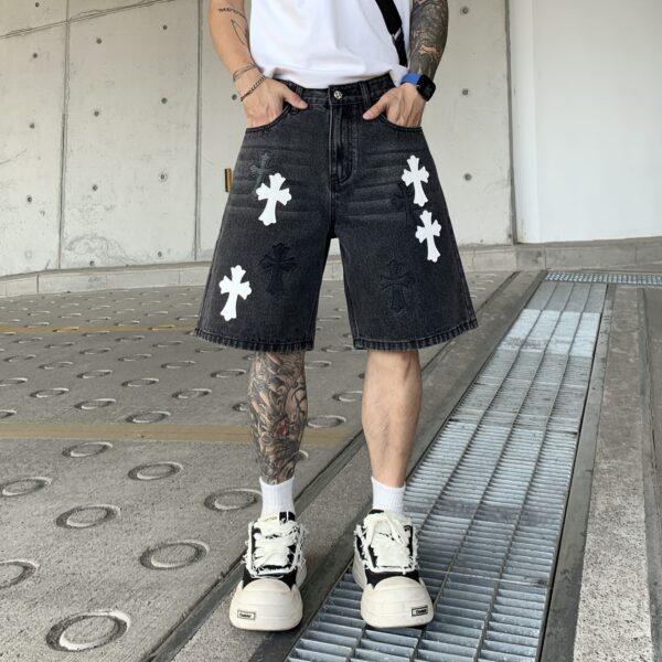 美式高街潮牌十字架拼皮刺繡直筒牛仔褲男做舊重工洗水五分短褲